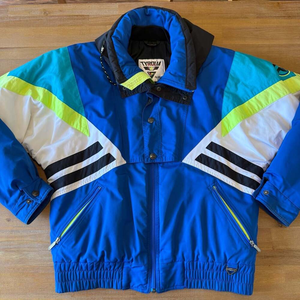 Tyrolia Ski Jacket Size MED Blue Vintage 90s Puffer Neon Geometric
